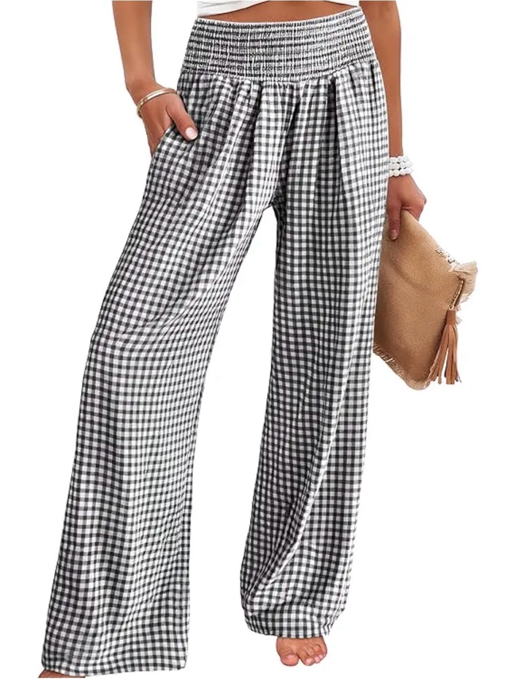 Black & White Gingham Wide-Leg Smocked Waist Pants 🌺